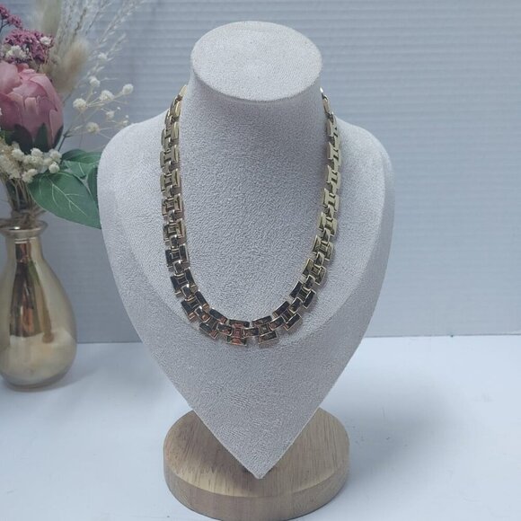 NWT Chunky Gold Tone Square H link choker Necklace 16" X 3/8"  1978 Vintage - Picture 3 of 7